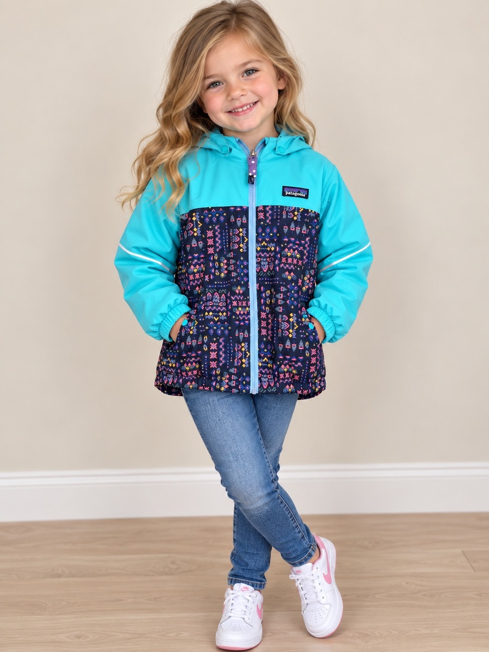 Patagonia Kids Teal Hooded Puffer with Multicolor Patterned Body